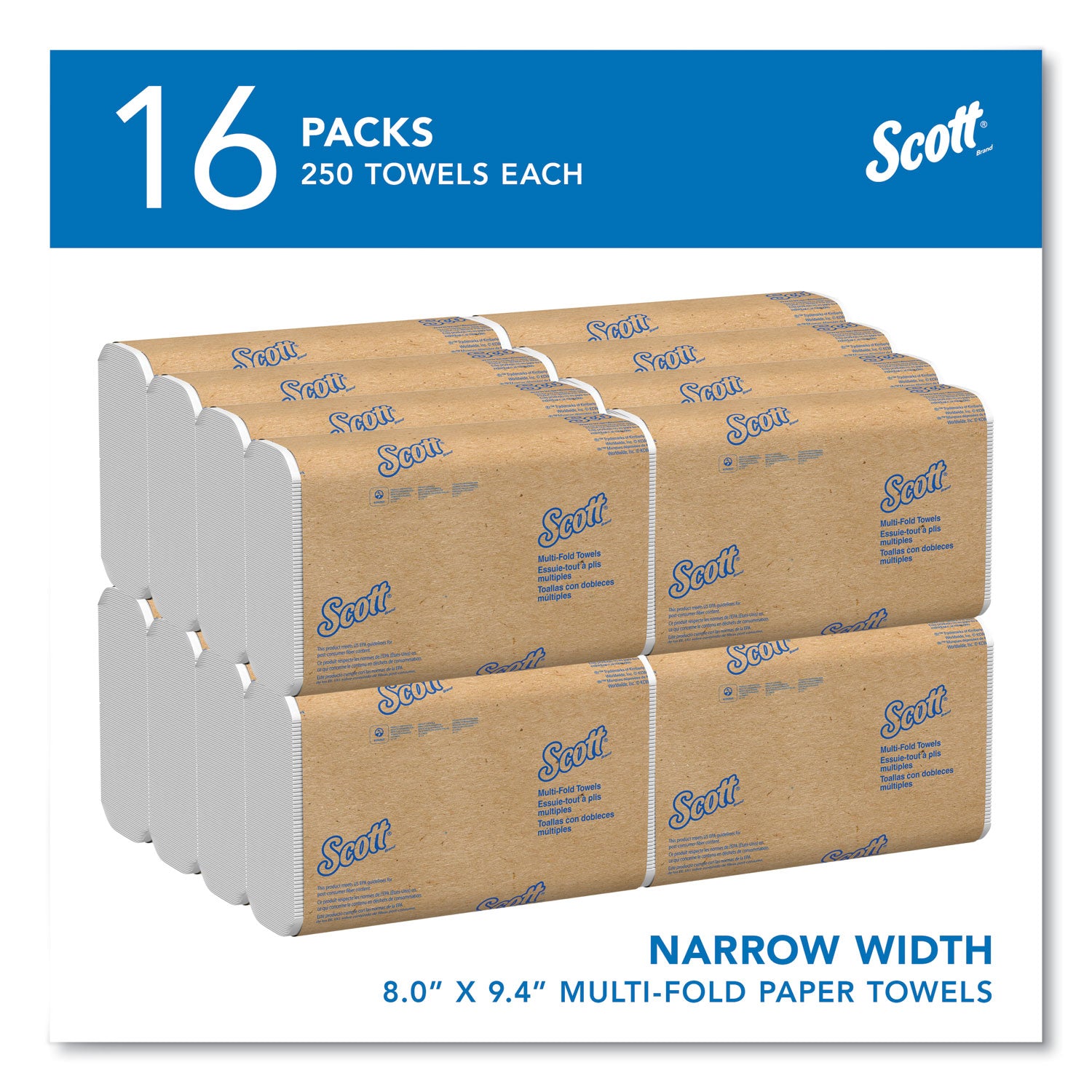 Scott Essential Multi-Fold Towels, 1-Ply, 8 x 9.4, White, 250/Pack, 16 Packs/Carton (37490)