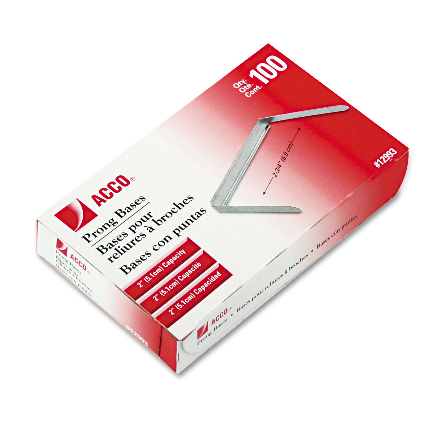 Acco Standard Two-Piece Two-Prong Paper Fastener Bases, 2" Capacity, 2.75" Center to Center, Silver, 100/Box (12993)