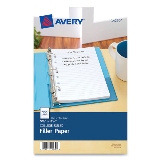 Avery Mini Size Binder Filler Paper, 7-Hole Side Punched, 5.5 x 8.5, College Rule, 100/Pack (14230)