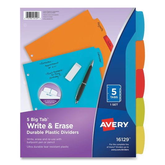 Avery Big Tab Write and Erase Durable Plastic Dividers, 5-Tab, 11 x 8.5, Assorted, 1 Set (16129)