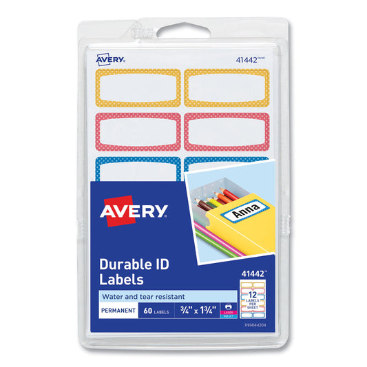 Avery Kids Handwritten Identification Labels, 1.75 x 0.75, Borders: Blue, Orange, Yellow, 12 Labels/Sheet, 5 Sheets/Pack (41442)