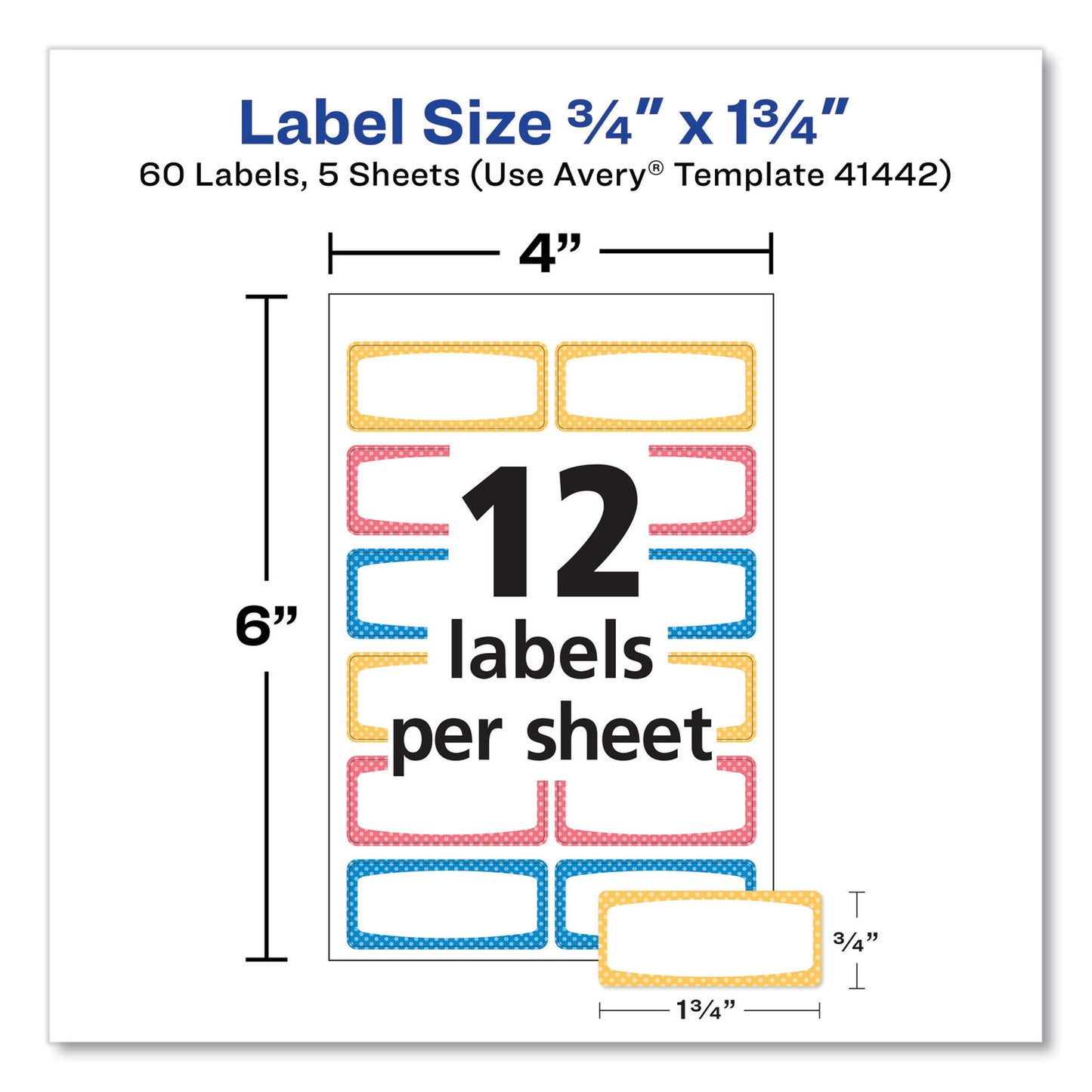 Avery Kids Handwritten Identification Labels, 1.75 x 0.75, Borders: Blue, Orange, Yellow, 12 Labels/Sheet, 5 Sheets/Pack (41442)