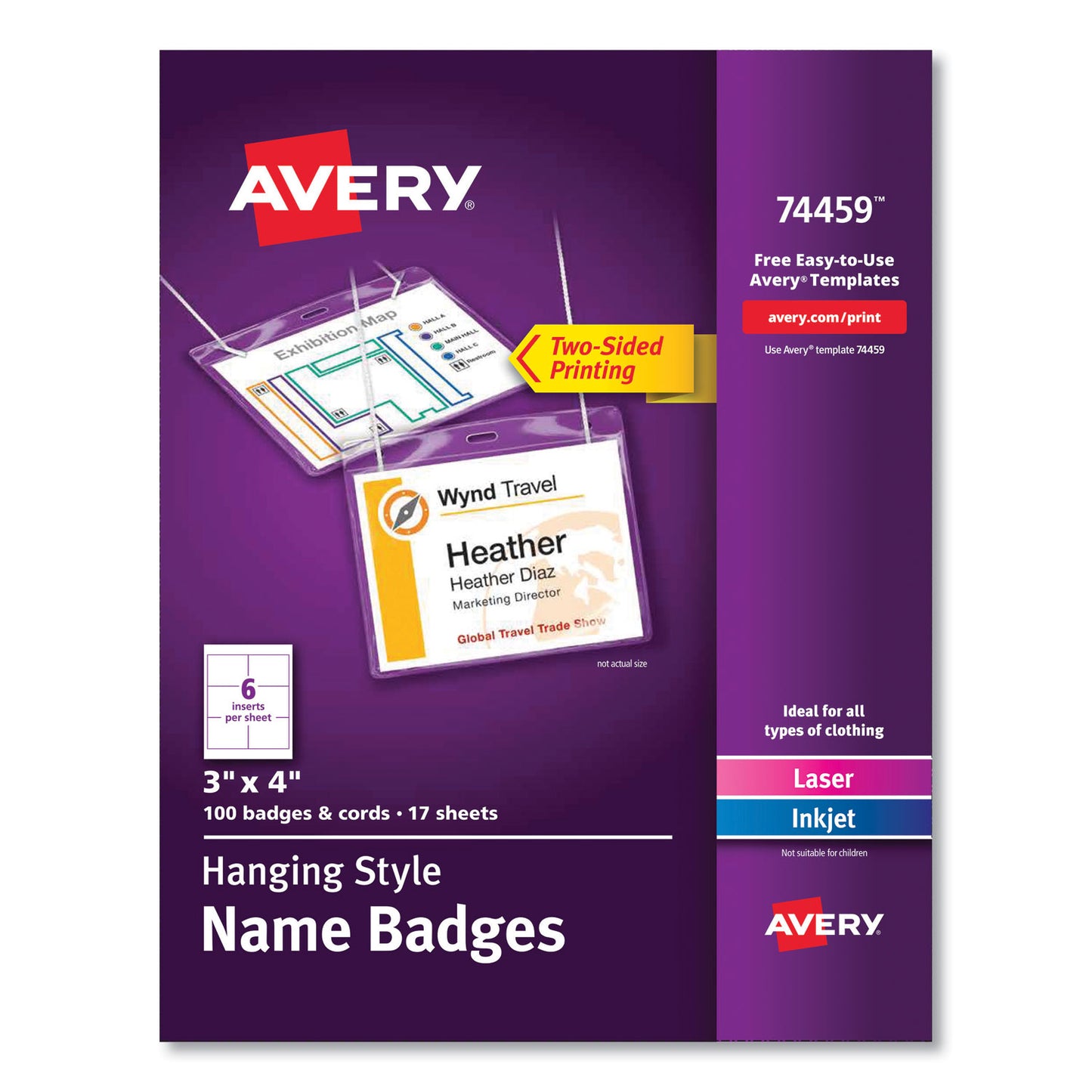 Avery Necklace-Style Badge Holder w/Laser/Inkjet Insert, Top Load, 4 x 3, WE, 100/Box (74459)