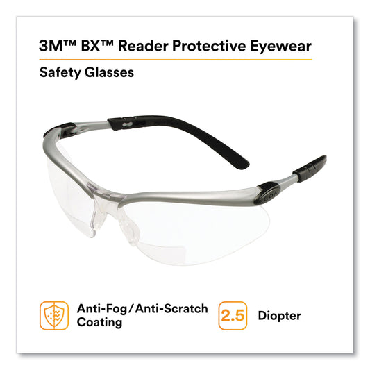 3M BX Molded-In Diopter Safety Glasses, 2.5+ Diopter Strength, Silver/Black Frame, Clear Lens (1137600000)