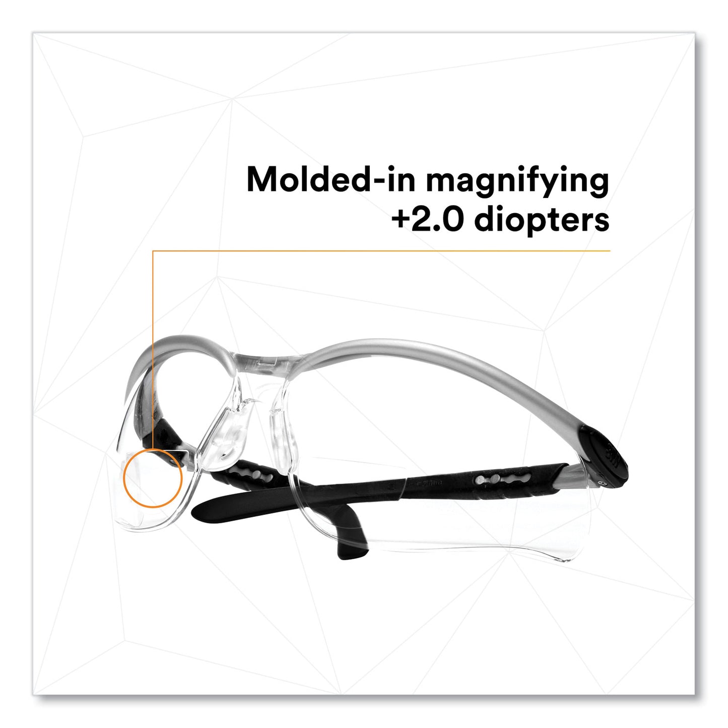 3M BX Molded-In Diopter Safety Glasses, 2.0+ Diopter Strength, Silver/Black Frame, Clear Lens (1137500000)