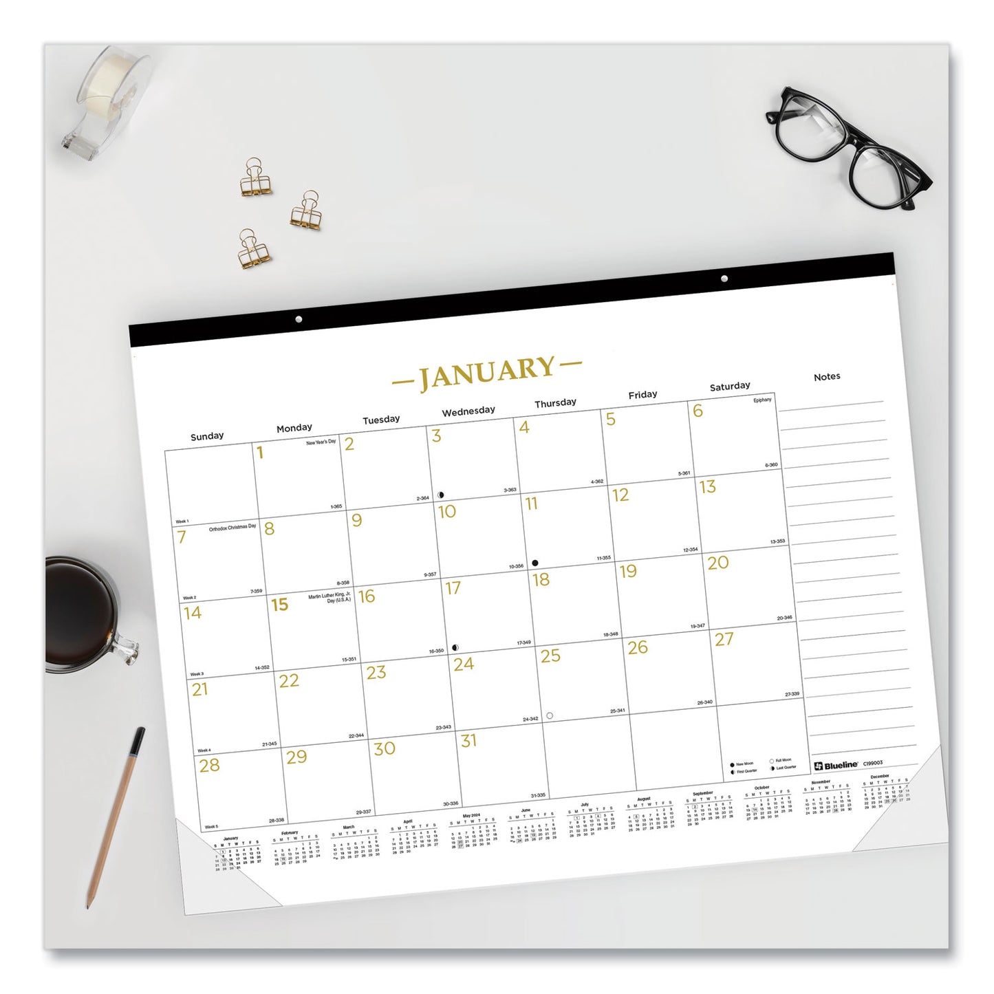 Blueline Gold Collection Monthly Desk Pad Calendar, 22 x 17, White Sheets, Black Headband, Clear Corners, 12-Month (Jan to Dec): 2025 (C199003)