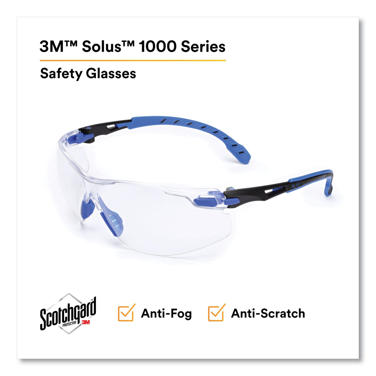 3M Solus 1000 Series Safety Glasses, Blue Plastic Frame, Clear Polycarbonate Lens (S1101SGAF)