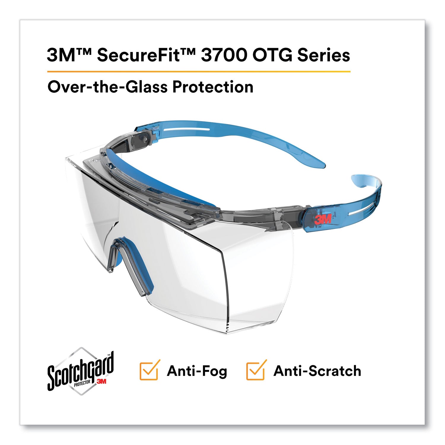 3M SecureFit Protective Eyewear, 3700 OTG Series, Blue Plastic Frame, Clean Polycarbonate Lens (SF3701XSGAB)