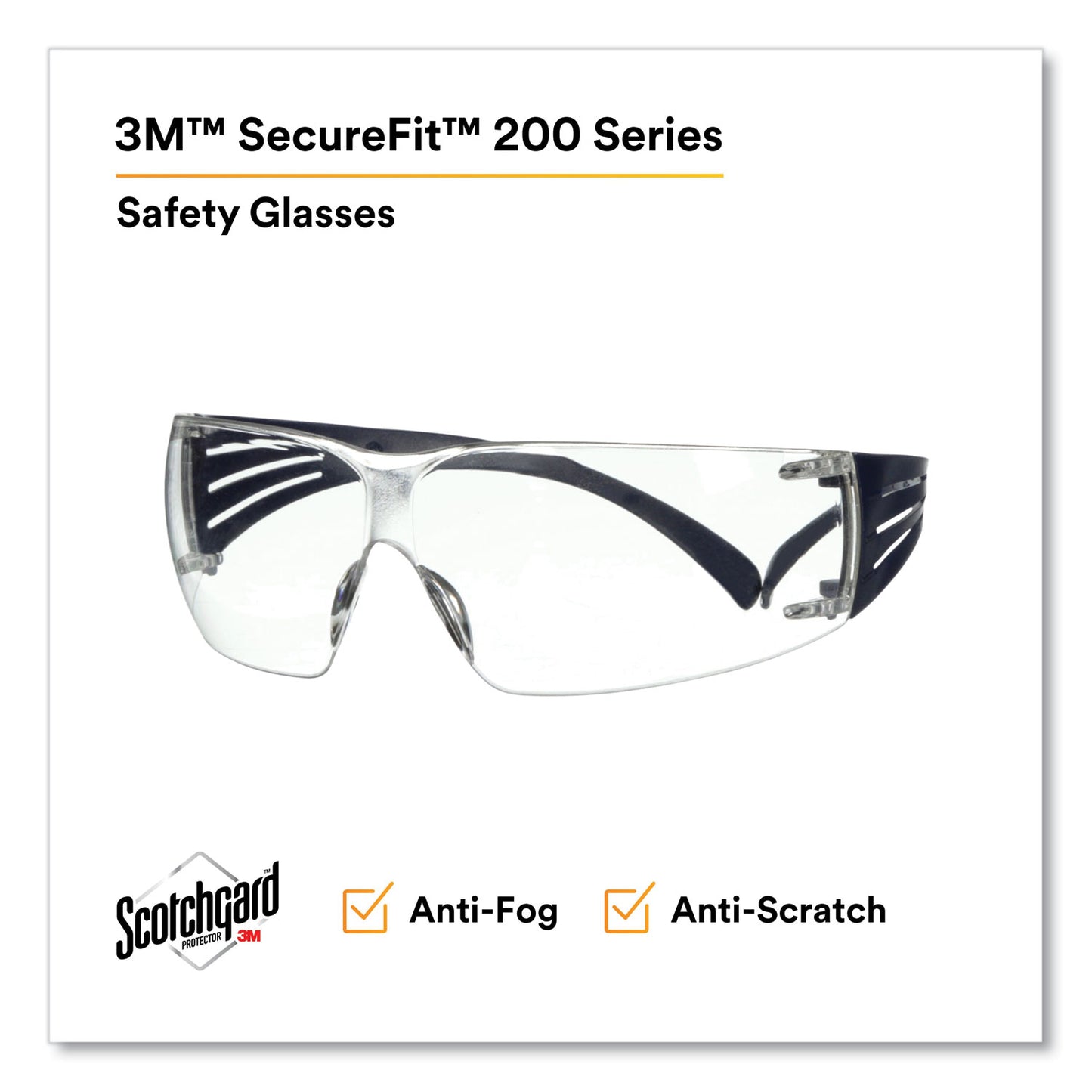 3M SecureFit Protective Eyewear, 200 Series, Dark Blue Plastic Frame, Clear Polycarbonate Lens (SF201SGAFBLU)