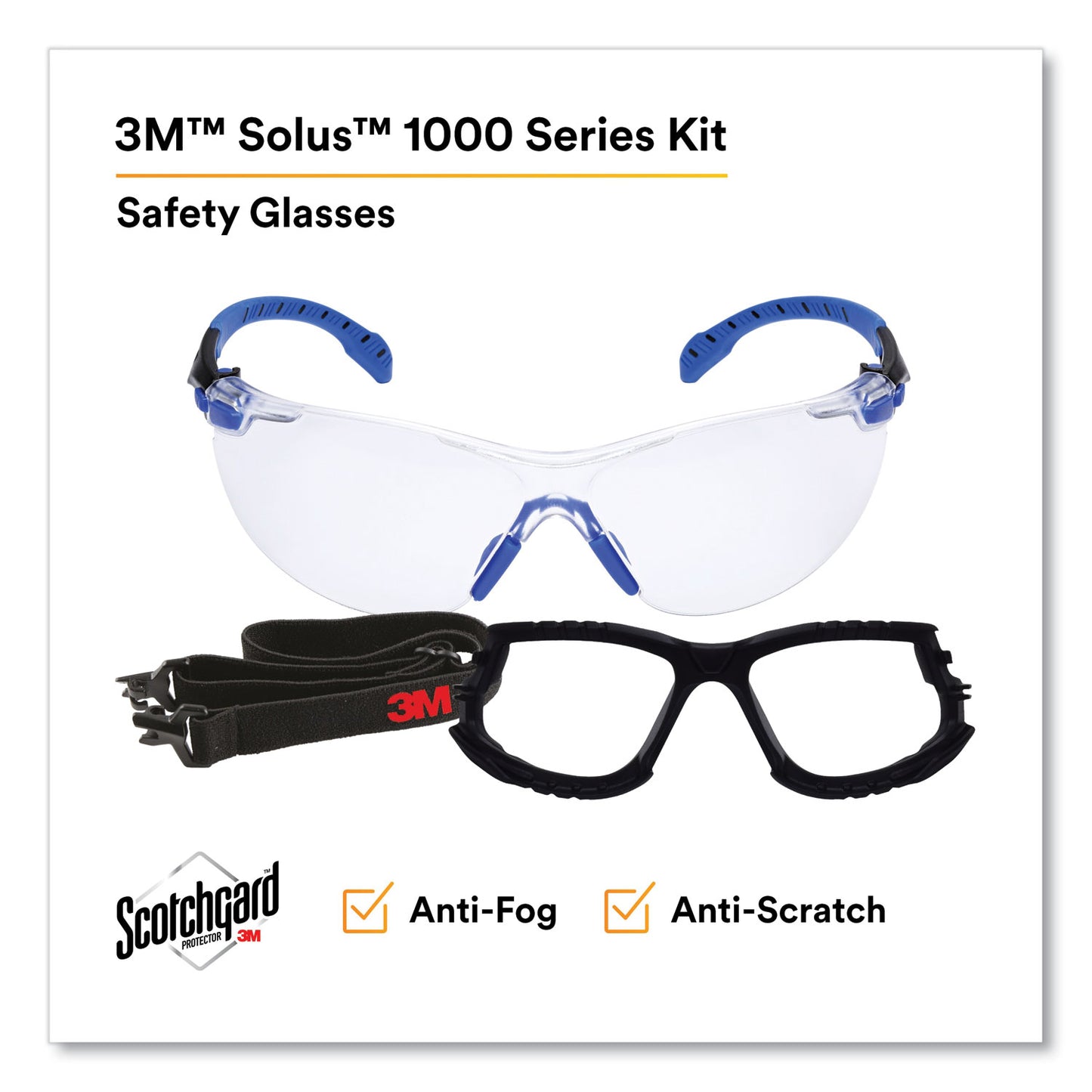 3M Solus 1000 Series Safety Glasses, Black/Blue Plastic Frame, Clear Polycarbonate Lens (S1101SGAFKT)