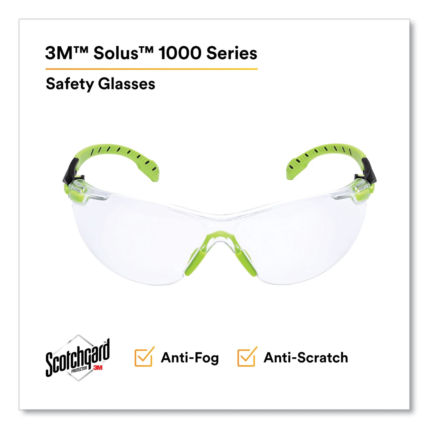 3M Solus 1000-Series Safety Glasses, Black/Green Plastic Frame, Clear Polycarbonate Lens (S1201SGAF)