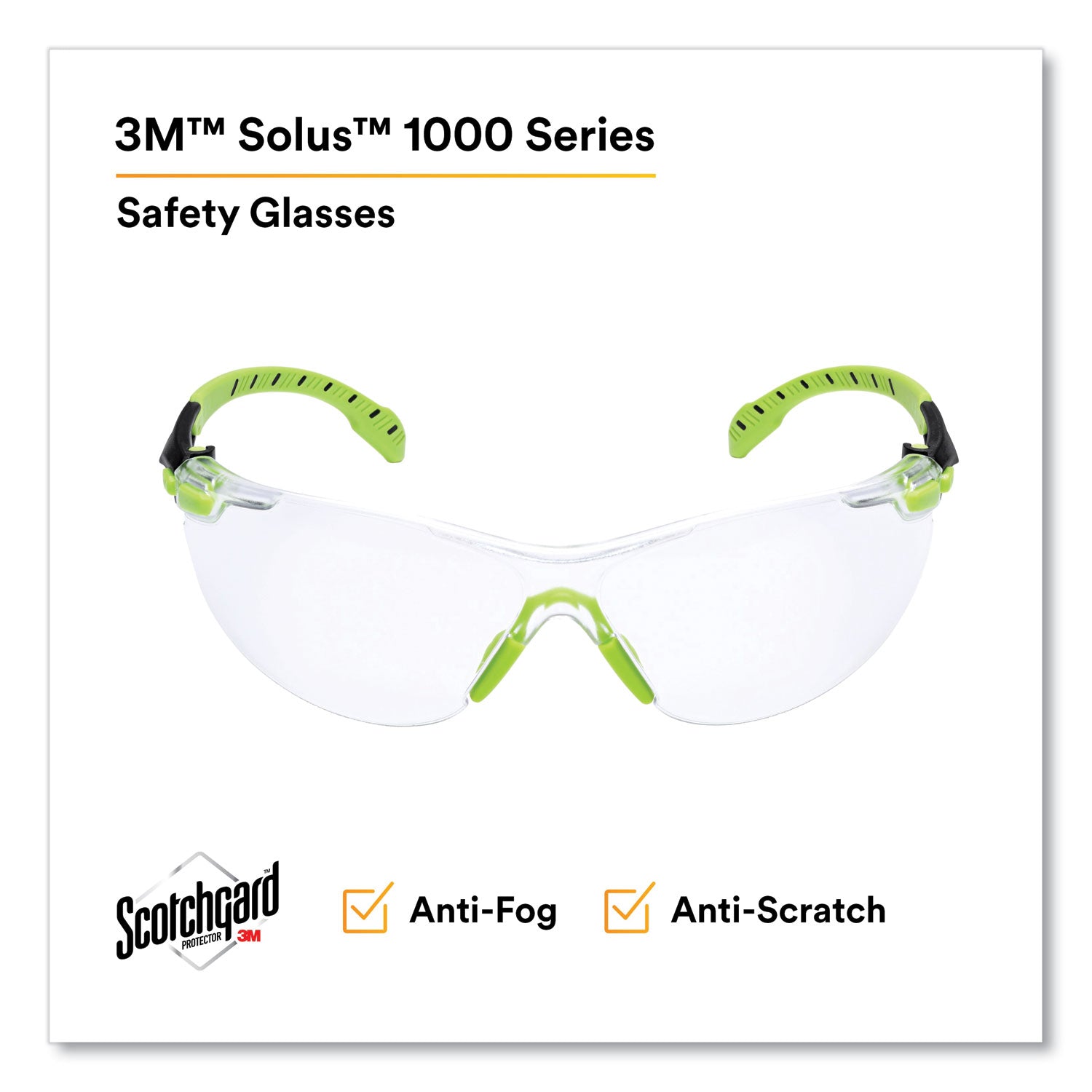 3M Solus 1000-Series Safety Glasses, Black/Green Plastic Frame, Clear Polycarbonate Lens (S1201SGAF)