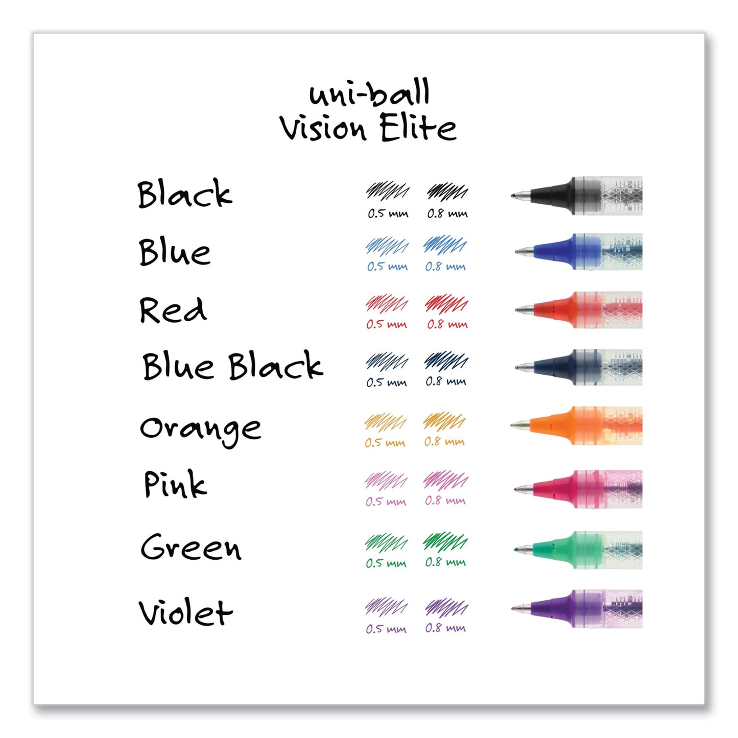 uni-ball VISION ELITE Hybrid Gel Pen, Stick, Fine 0.5 mm, Assorted Ink and Barrel Colors (58092PP)
