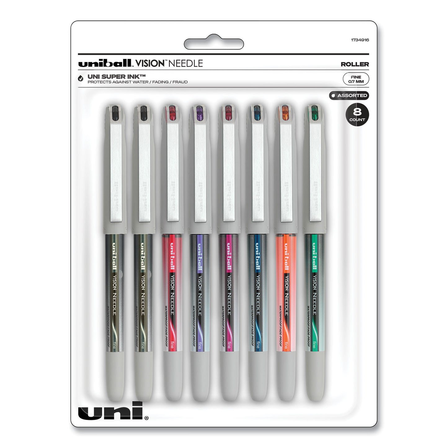 uni-ball VISION Needle Roller Ball Pen, Stick, Fine 0.7 mm, Assorted Ink and Barrel Colors, 8/Pack (1734916)
