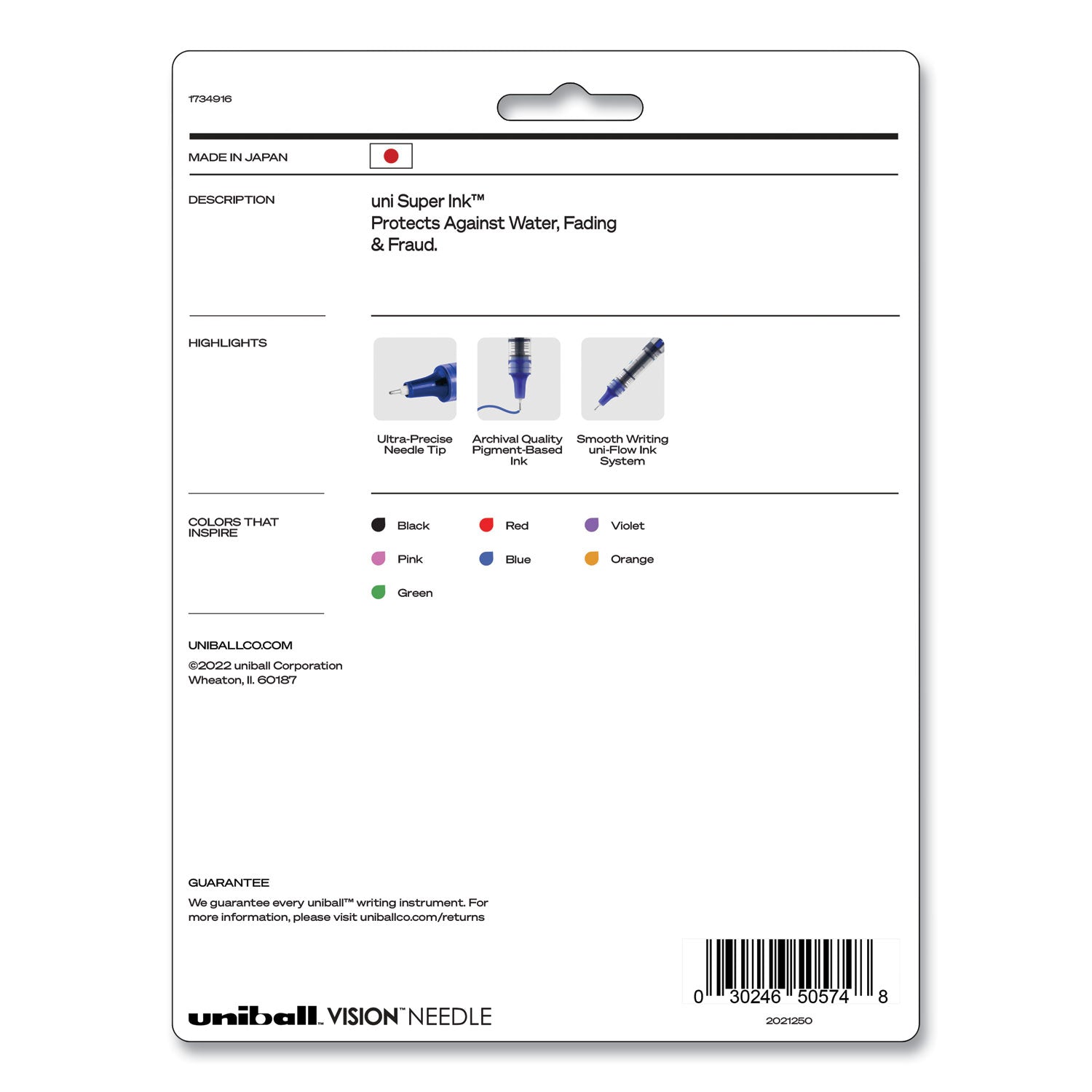uni-ball VISION Needle Roller Ball Pen, Stick, Fine 0.7 mm, Assorted Ink and Barrel Colors, 8/Pack (1734916)