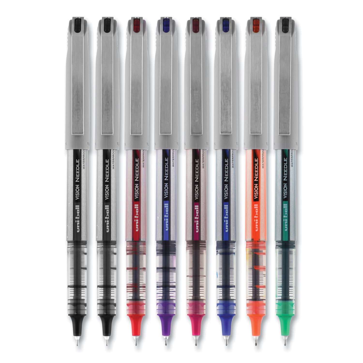 uni-ball VISION Needle Roller Ball Pen, Stick, Fine 0.7 mm, Assorted Ink and Barrel Colors, 8/Pack (1734916)