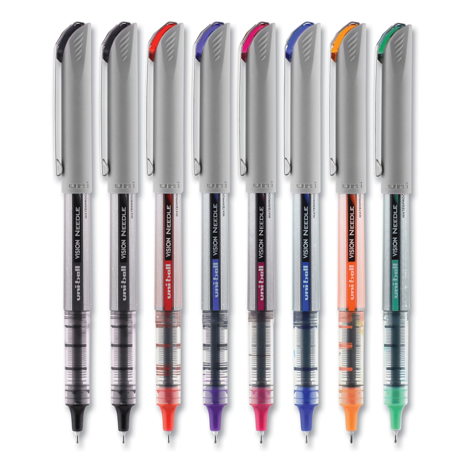 uni-ball VISION Needle Roller Ball Pen, Stick, Fine 0.7 mm, Assorted Ink and Barrel Colors, 8/Pack (1734916)