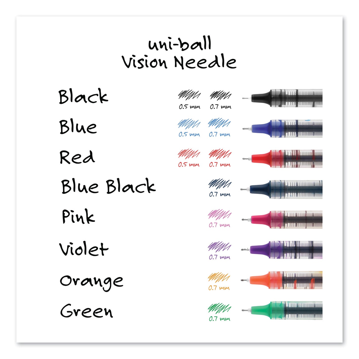 uni-ball VISION Needle Roller Ball Pen, Stick, Fine 0.7 mm, Assorted Ink and Barrel Colors, 8/Pack (1734916)