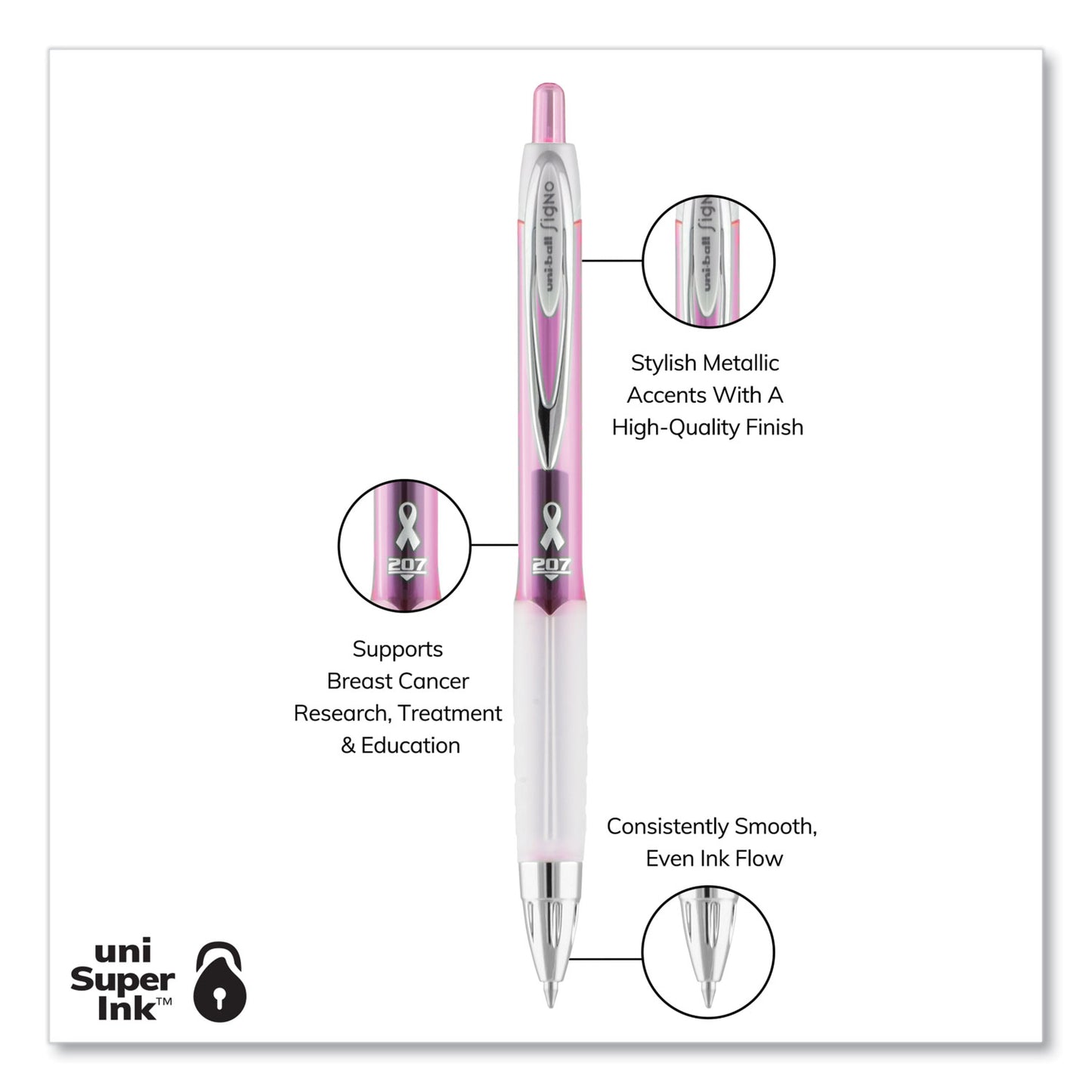 uni-ball 207 Office Pack Gel Pen, Retractable, Medium 0.7 mm, Black Ink, Pink/Translucent White Barrel, 36/Pack (2003896)