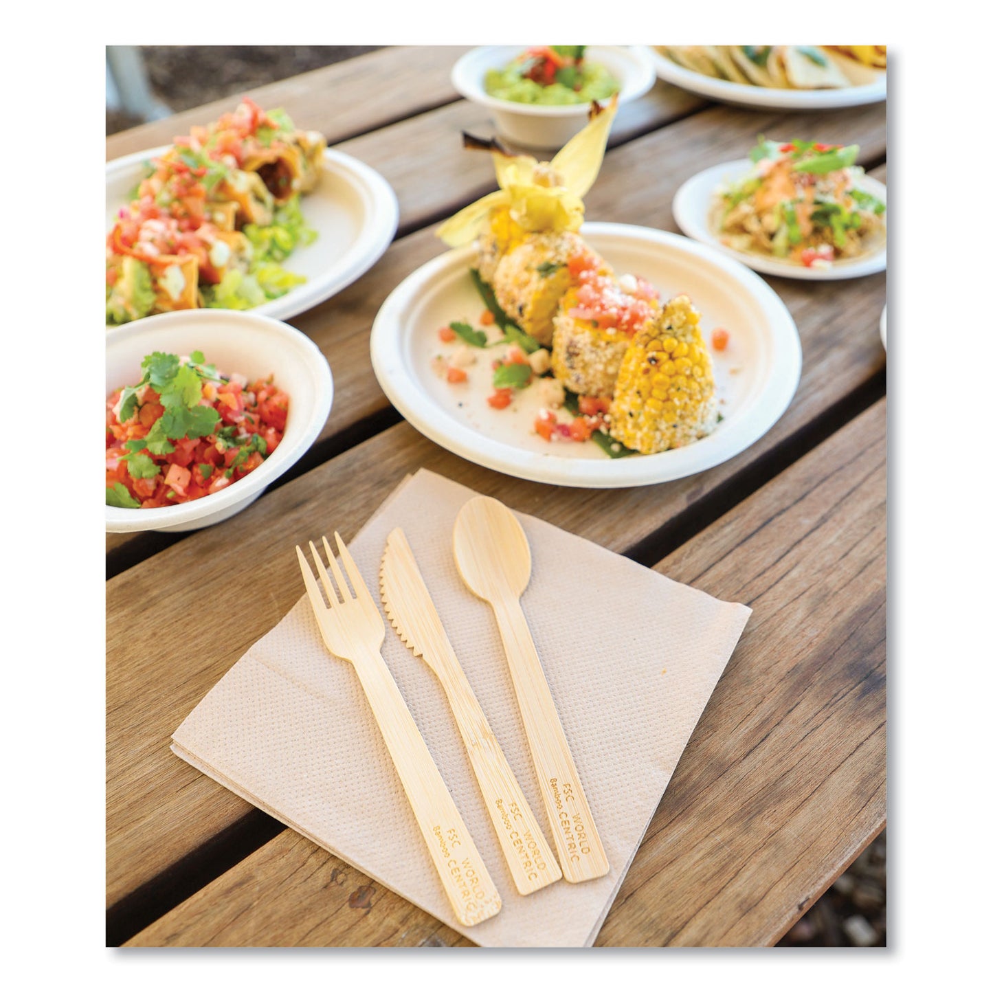 World Centric Bamboo Cutlery, Knife/Fork/Spoon/Napkin, 6.7", Natural, 250/Carton (ASBBTN)