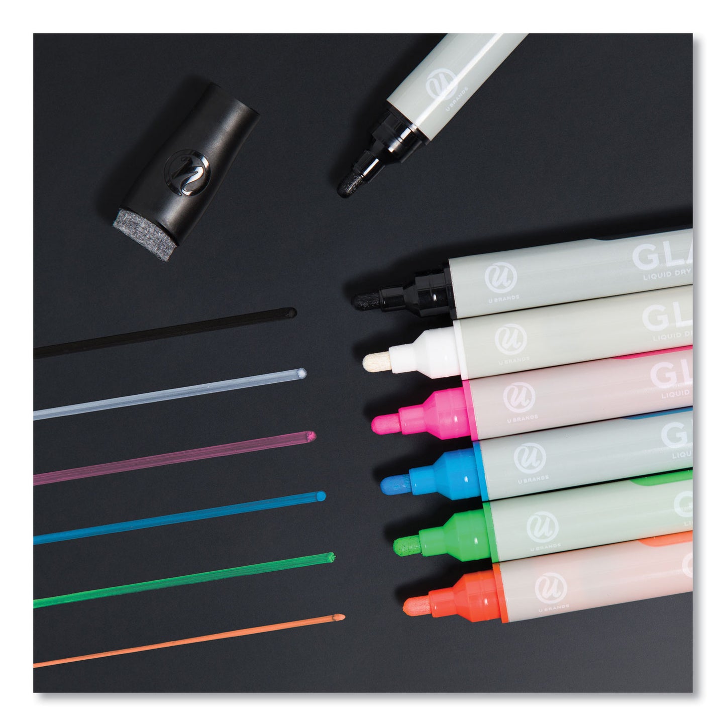 U Brands Bullet Tip Low-Odor Liquid Glass Markers with Erasers, Broad Bullet Tip, Assorted Colors, 12/Pack (2913U0012)