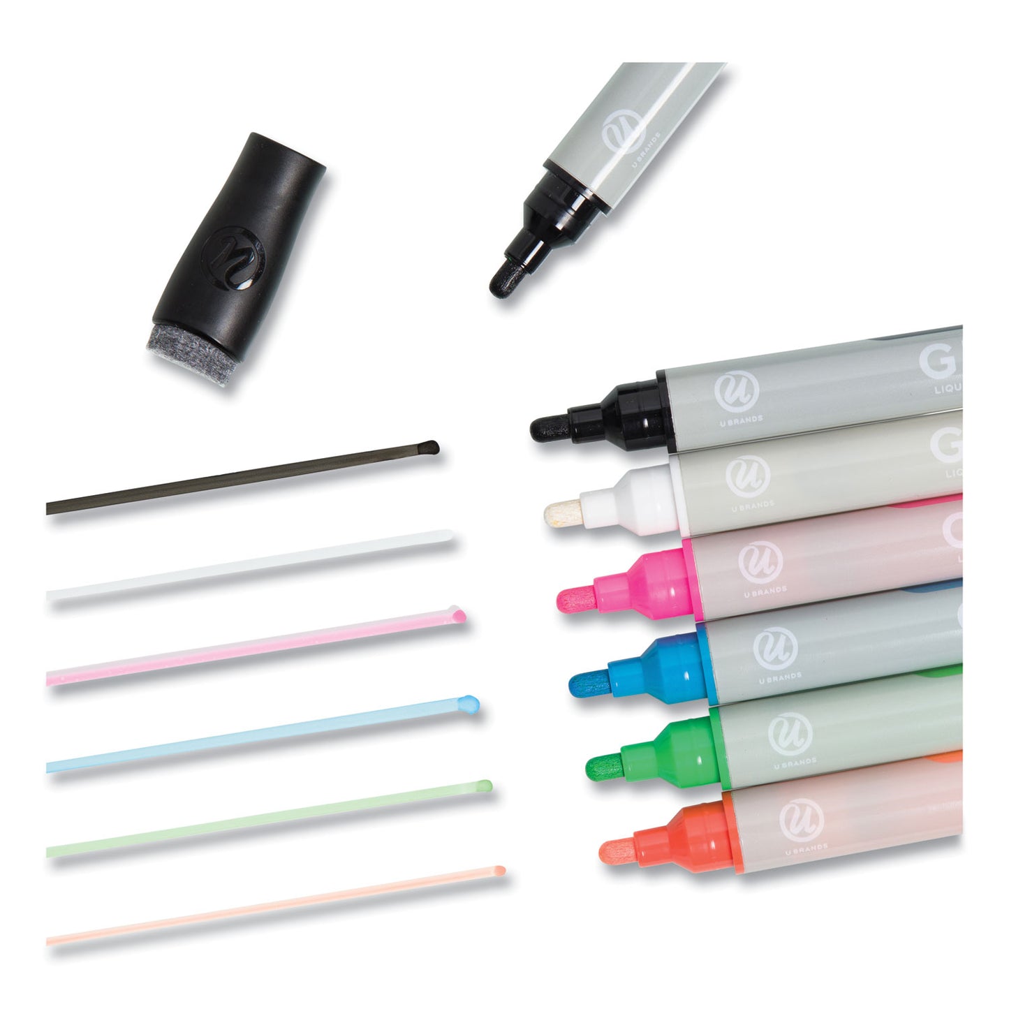 U Brands Bullet Tip Low-Odor Liquid Glass Markers with Erasers, Broad Bullet Tip, Assorted Colors, 12/Pack (2913U0012)