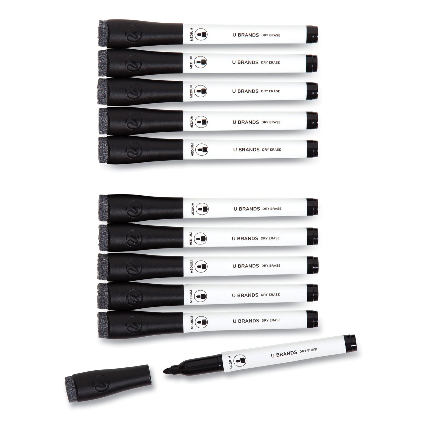 U Brands Medium Point Low-Odor Dry-Erase Markers with Erasers, Medium Bullet Tip, Black, Dozen (2922U0012)