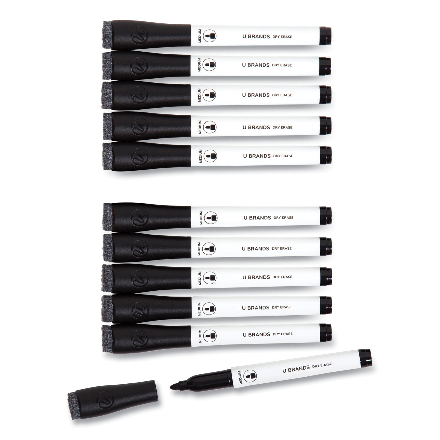 U Brands Medium Point Low-Odor Dry-Erase Markers with Erasers, Medium Bullet Tip, Black, Dozen (2922U0012)