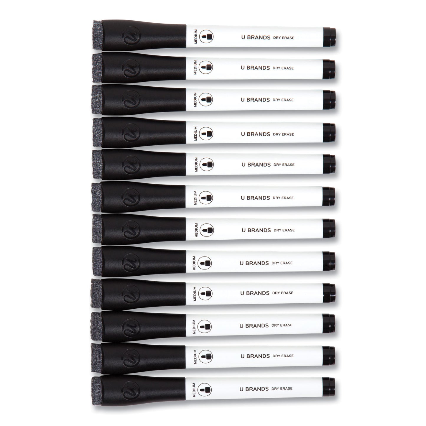 U Brands Medium Point Low-Odor Dry-Erase Markers with Erasers, Medium Bullet Tip, Black, Dozen (2922U0012)