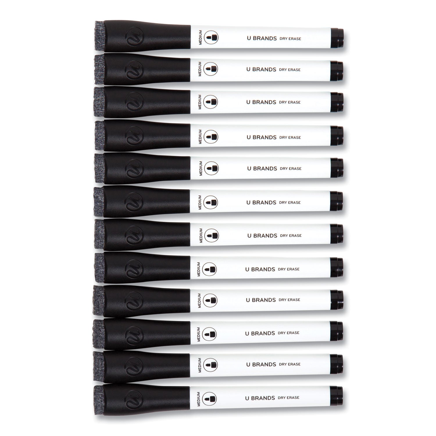U Brands Medium Point Low-Odor Dry-Erase Markers with Erasers, Medium Bullet Tip, Black, Dozen (2922U0012)