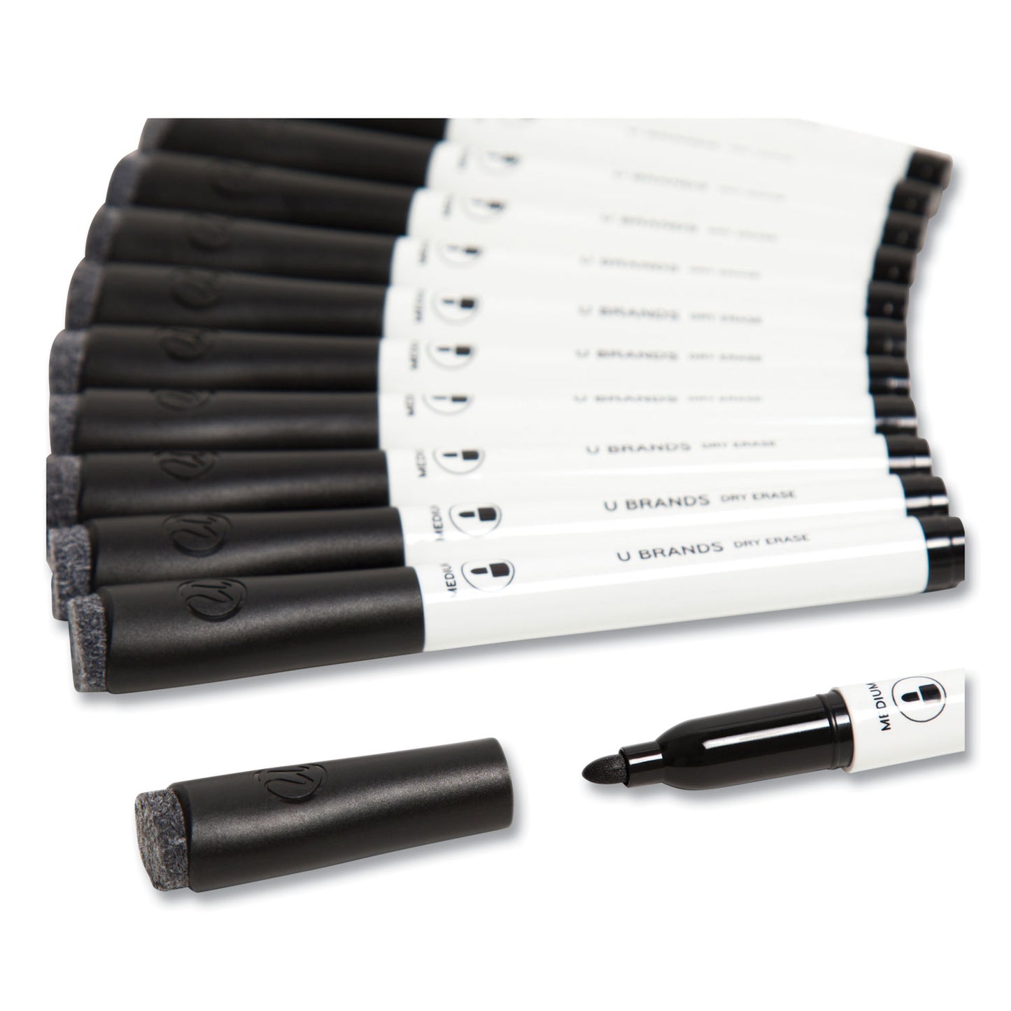 U Brands Medium Point Low-Odor Dry-Erase Markers with Erasers, Medium Bullet Tip, Black, Dozen (2922U0012)