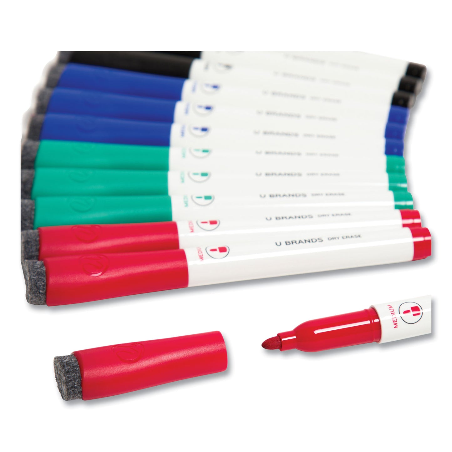 U Brands Medium Point Low-Odor Dry-Erase Markers with Erasers, Medium Bullet Tip, Assorted Colors, 12/Pack (3980U0012)
