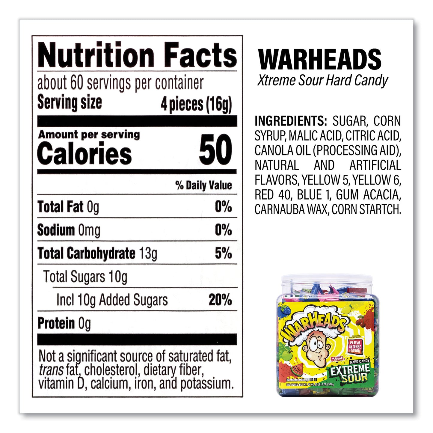 WARHEADS Xtreme Sour Hard Candy, Assorted Flavors, 34 oz Tub (22002140)