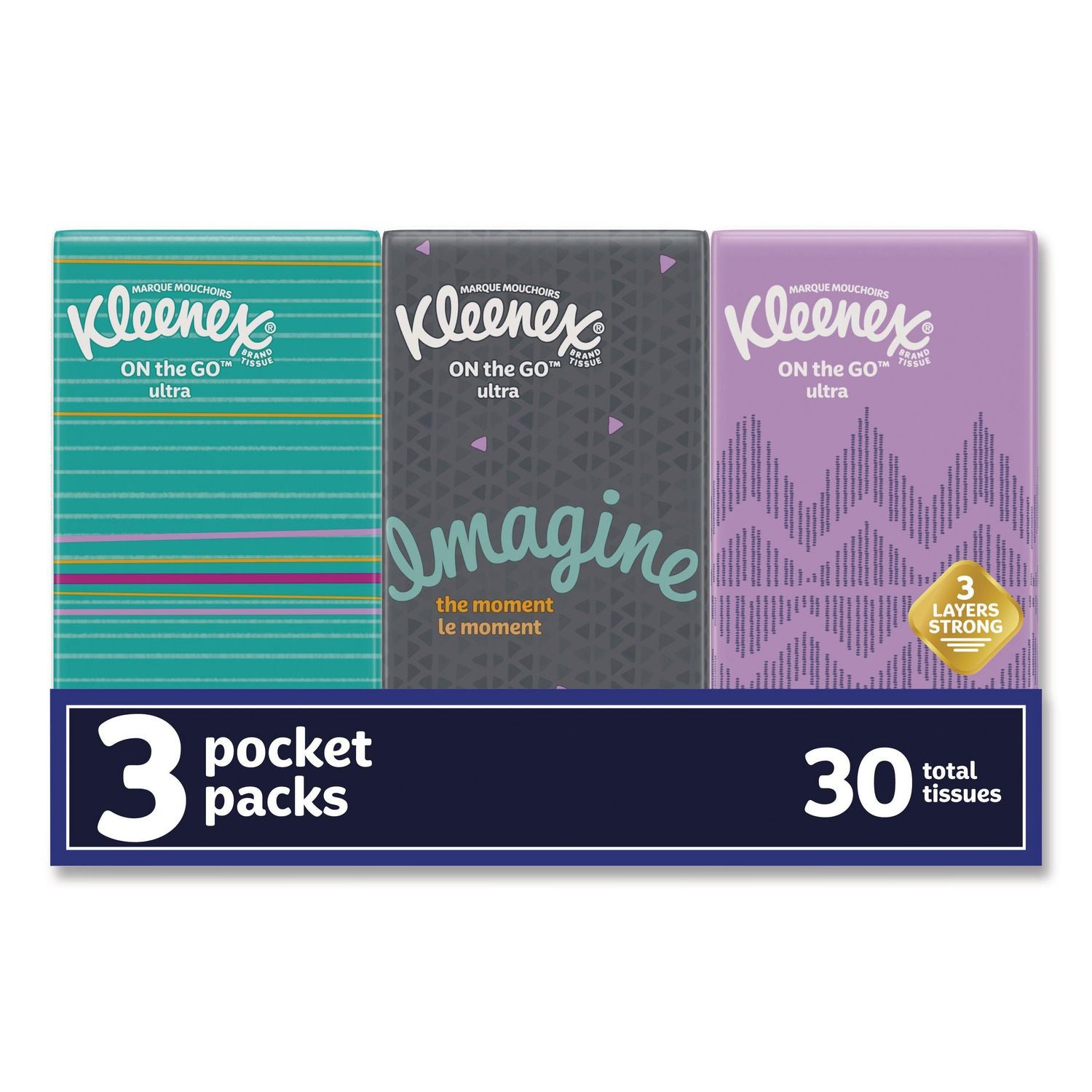 Kleenex On The Go Packs Facial Tissues, 3-Ply, White, 10 Sheets/Pouch, 3 Pouches/Pack, 36 Packs/Carton (11976)