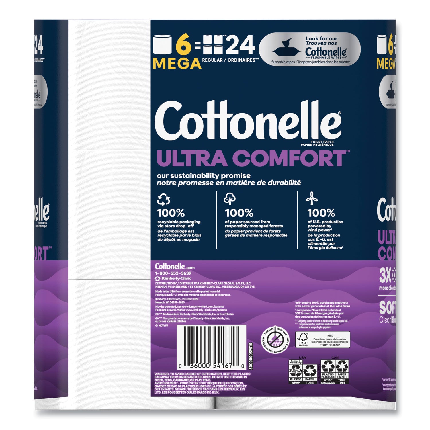 Cottonelle Ultra ComfortCare Toilet Paper, Soft Tissue, Mega Rolls, Septic Safe, 2-Ply, White, 284/Roll, 6 Rolls/Pack, 36 Rolls/Carton (55707)