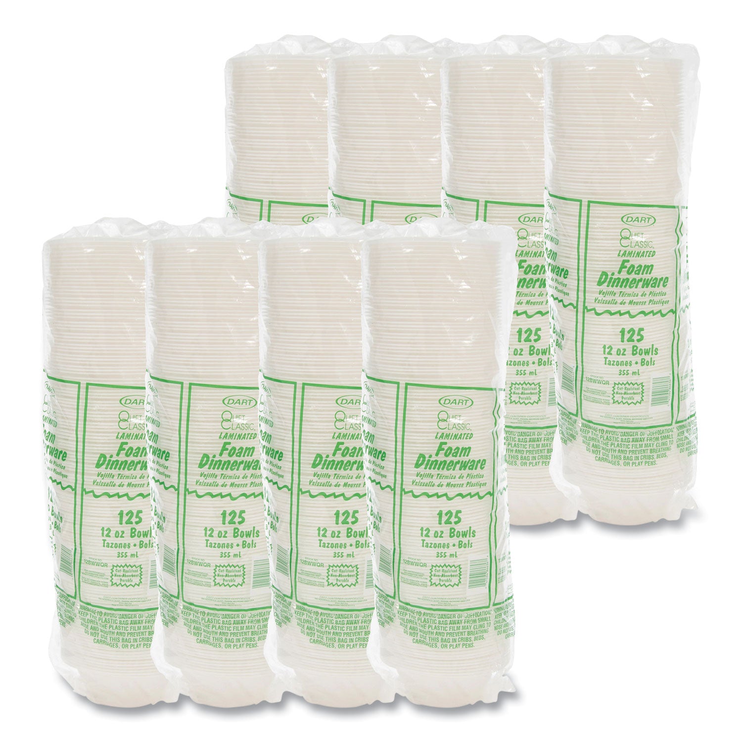 Dart Quiet Classic Laminated Foam Dinnerware Bowls, 10 to 12 oz, White, 125/Pack, 8 Packs/Carton (12BWWQR)