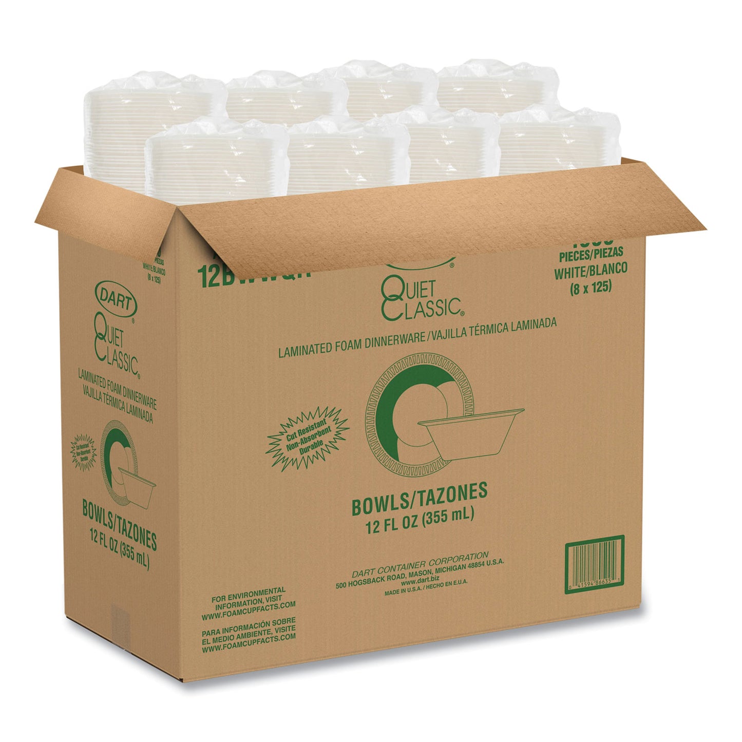 Dart Quiet Classic Laminated Foam Dinnerware Bowls, 10 to 12 oz, White, 125/Pack, 8 Packs/Carton (12BWWQR)