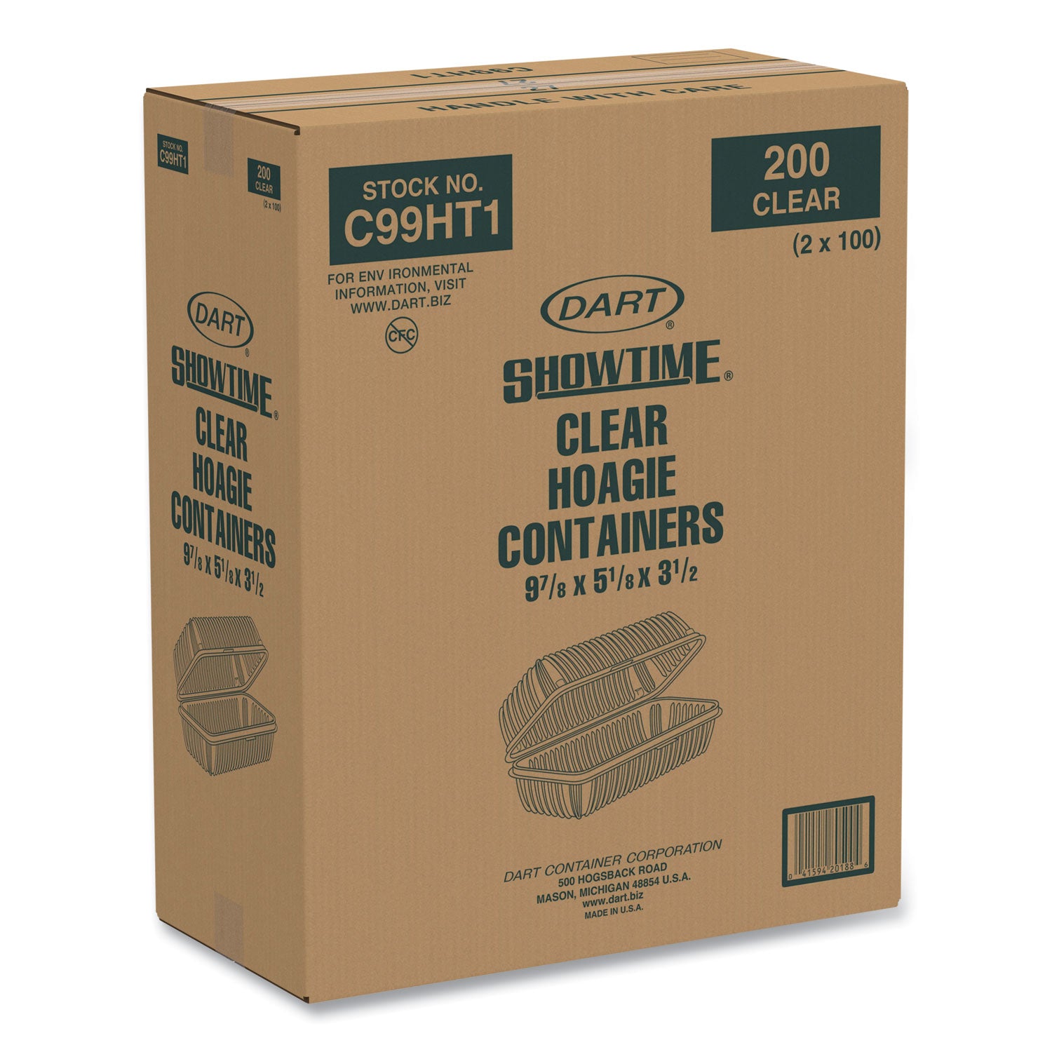 Dart Showtime Clear Hinged Containers, Hoagie Container, 29.9 oz, 5.1 x 9.9 x 3.5, Clear, Plastic, 100/Bag 2 Bags/Carton (C99HT1)