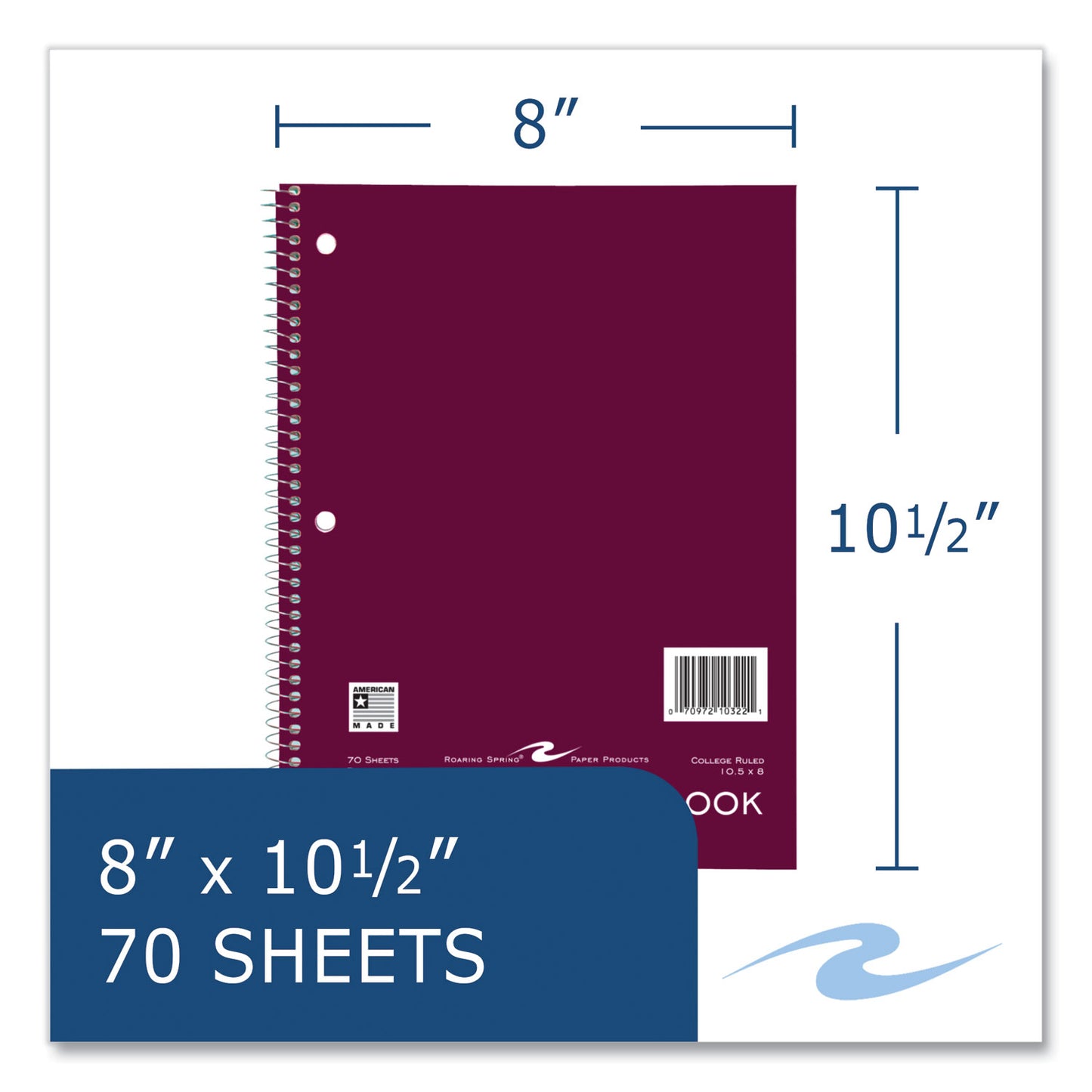 Roaring Spring Subject Wirebound Notebook, 1-Subject, Medium/College Rule, Assorted Cover, (70) 10.5 x 8 Sheets, 24/Carton (10322CS)