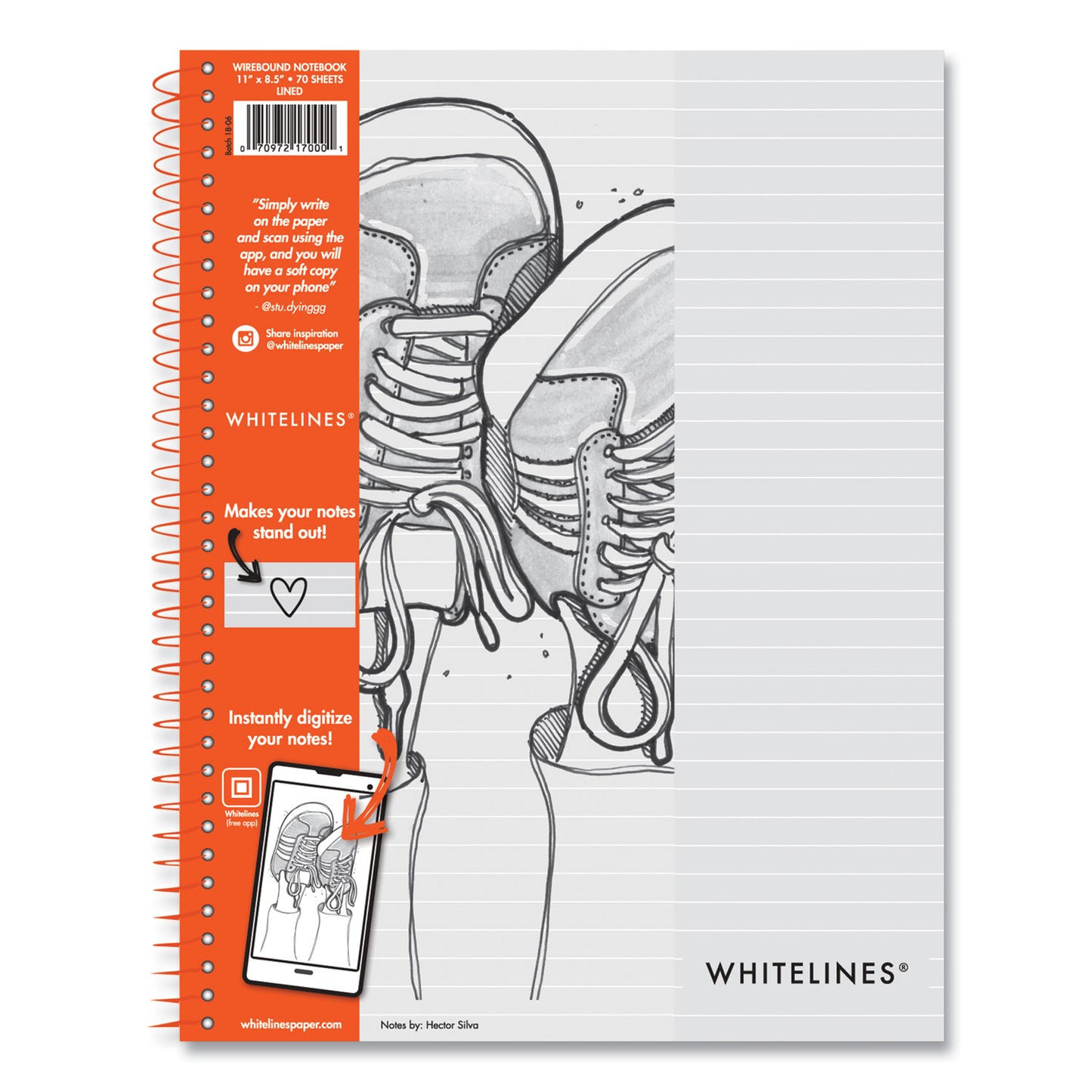 Roaring Spring Whitelines Notebook, Medium/College Rule, Gray/Orange Cover, (70) 8.5 x 11 Sheets, 12/Carton (17000CS)
