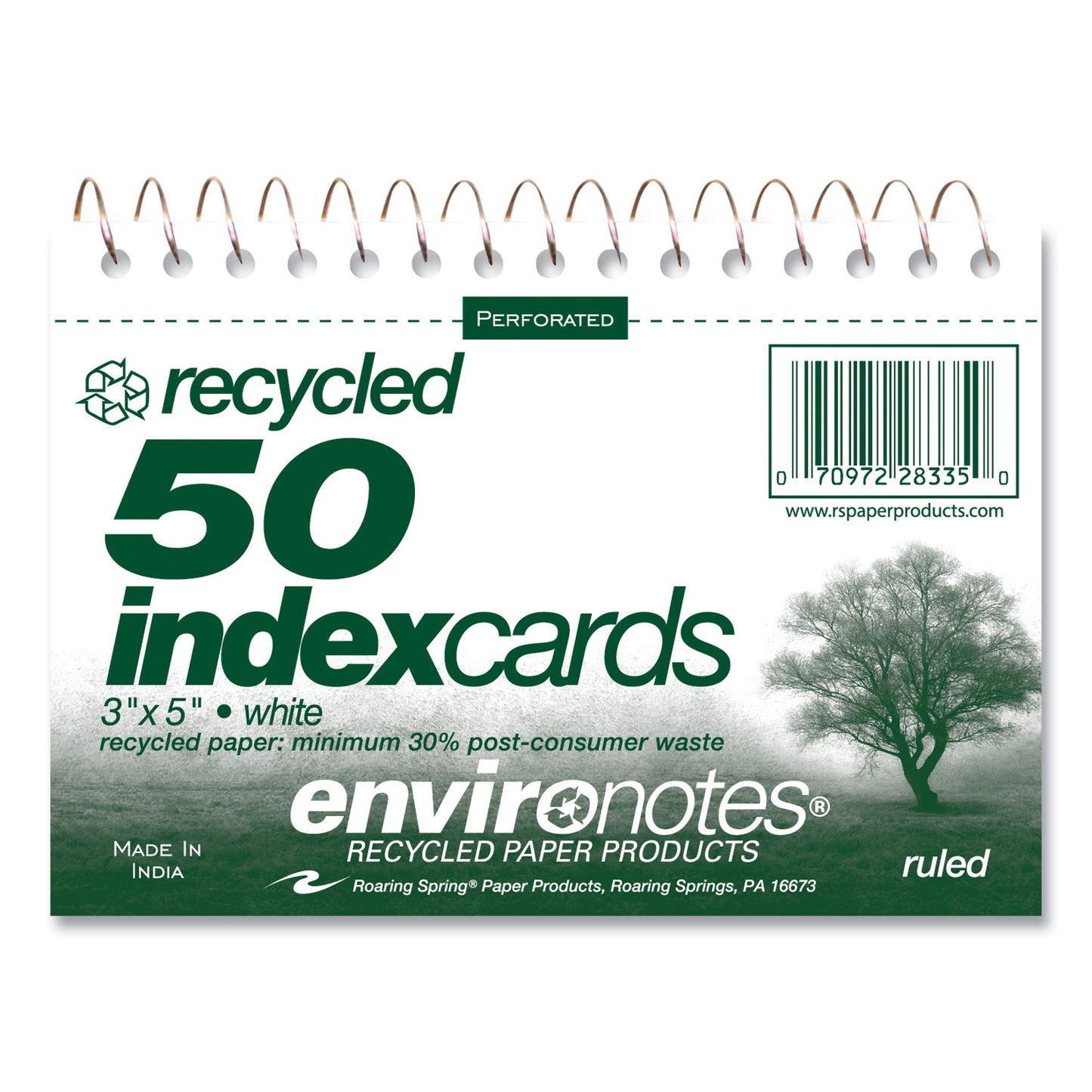 Roaring Spring Environotes Wirebound Recycled Index Cards, Narrow Rule, 3 x 5, White, 50 Cards, 24/Carton (28335CS)