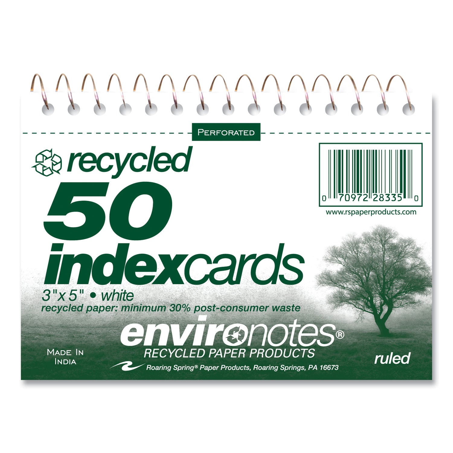 Roaring Spring Environotes Wirebound Recycled Index Cards, Narrow Rule, 3 x 5, White, 50 Cards, 24/Carton (28335CS)