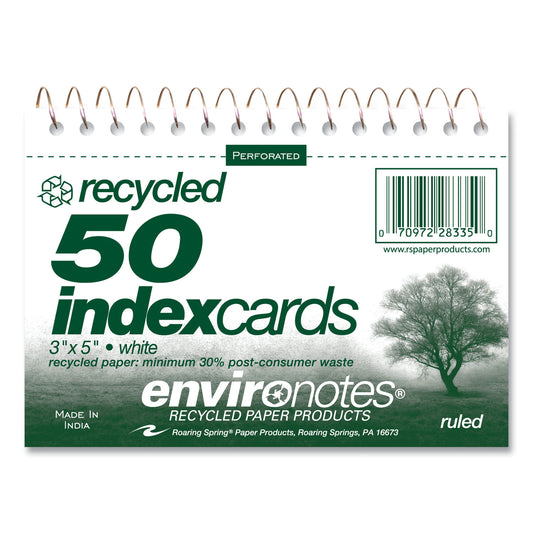 Roaring Spring Environotes Wirebound Recycled Index Cards, Narrow Rule, 3 x 5, White, 50 Cards, 24/Carton (28335CS)