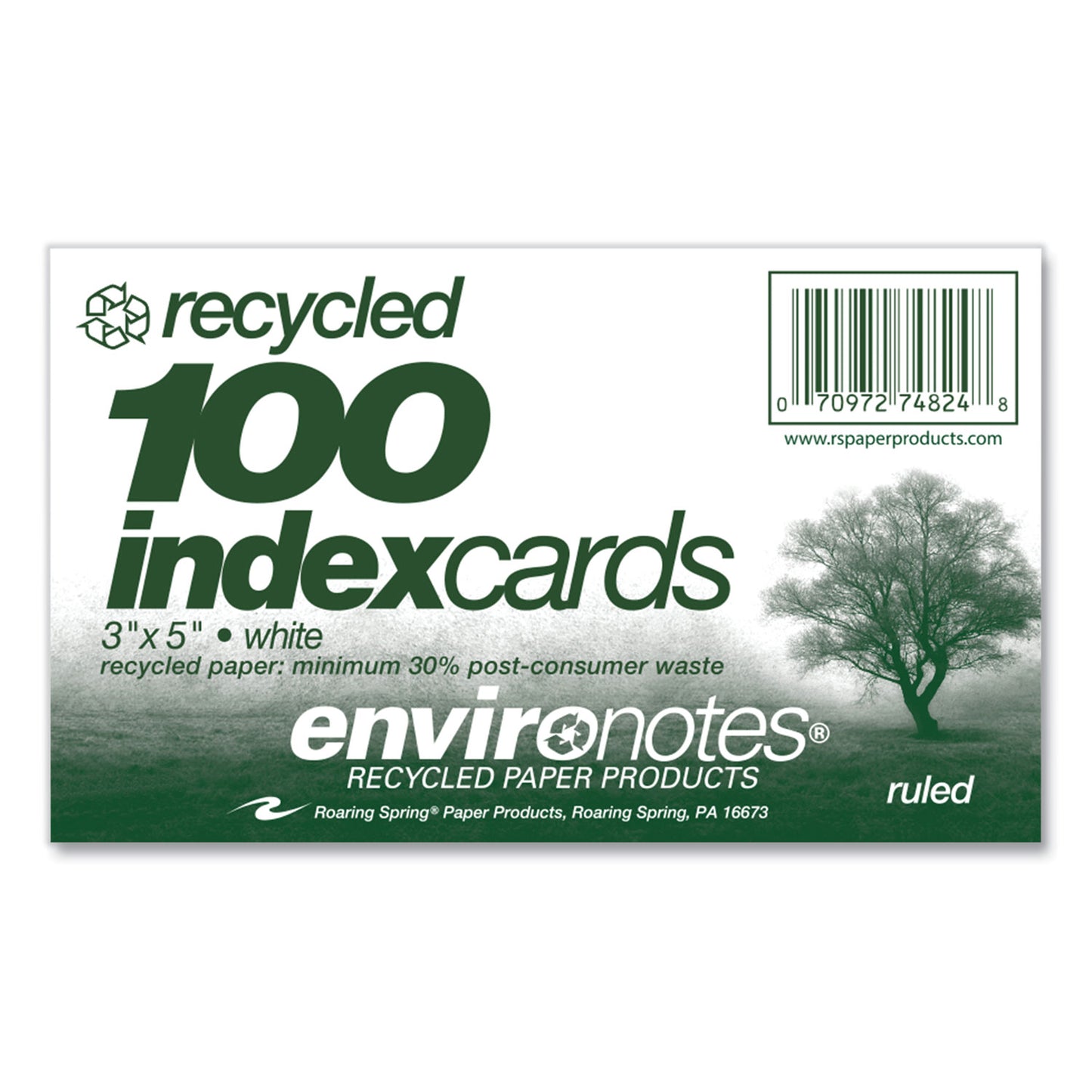 Roaring Spring Environotes Recycled Index Cards, Narrow Rule, 3 x 5 White, 100 Cards, 36/Carton (74824CS)