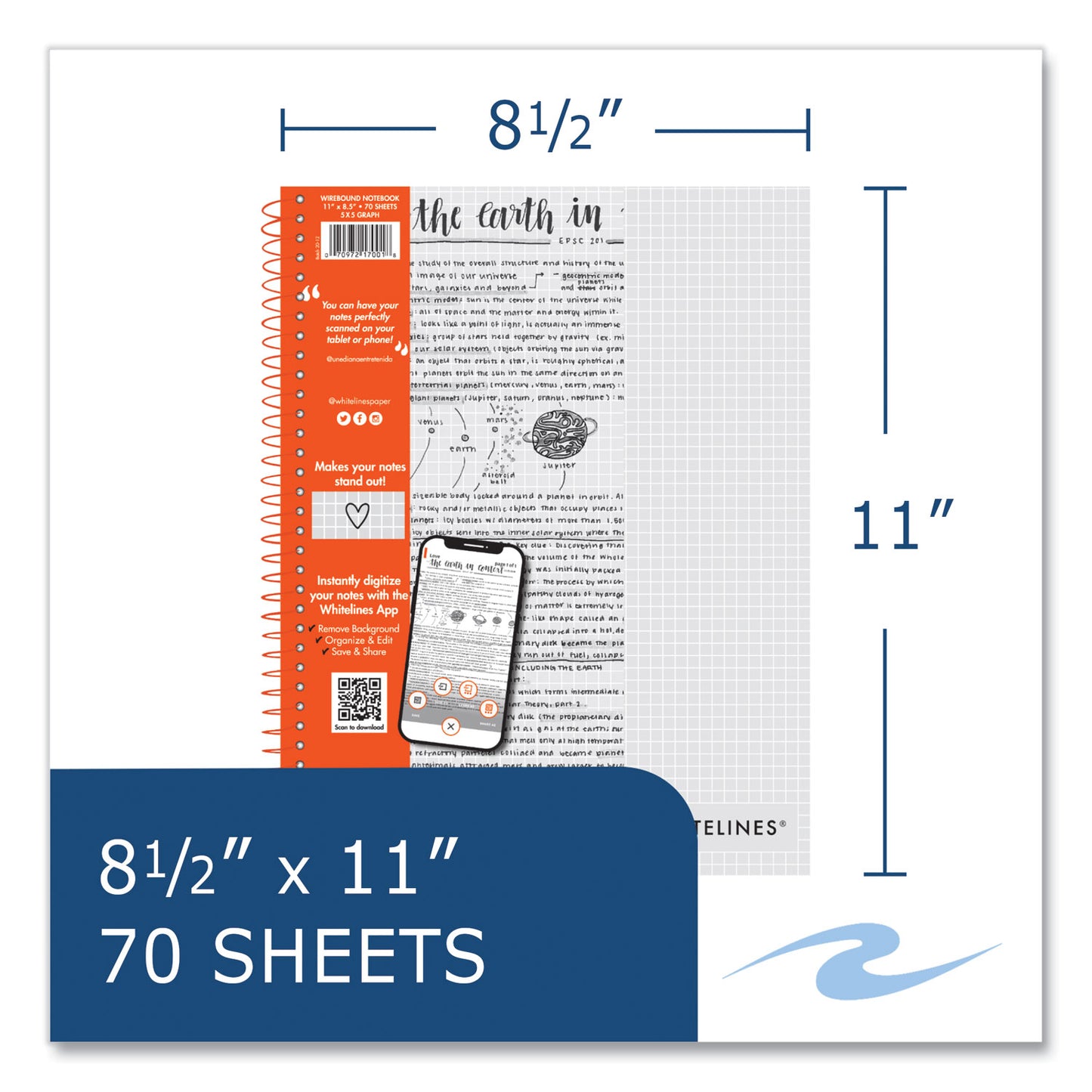 Roaring Spring Whitelines Notebook, Quadrille Rule, (5 sq/in), Gray/Orange Cover, (70) 11 x 8.5 Sheets, 12/Carton (17001CS)