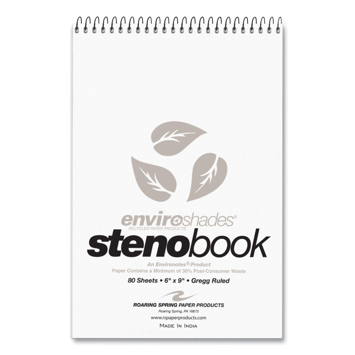 Roaring Spring EnviroShades Steno Pad, Gregg Rule, White Cover, 80 Gray 6 x 9 Sheets, 24 Pads/Carton (12274CS)