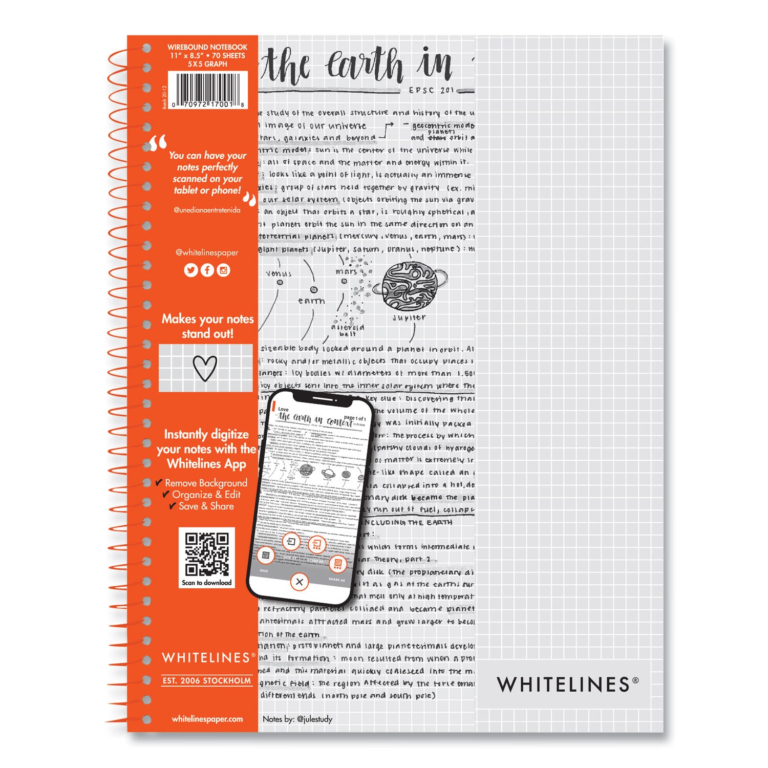 Roaring Spring Whitelines Notebook, Quadrille Rule, (5 sq/in), Gray/Orange Cover, (70) 11 x 8.5 Sheets, 12/Carton (17001CS)