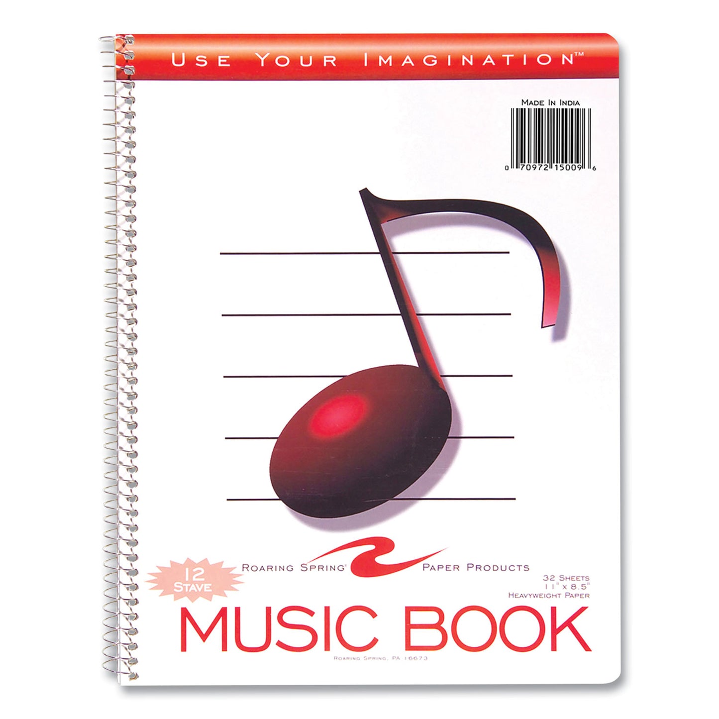 Roaring Spring Music Notebook, Music Transcription Format, White Cover, (32) 11 x 8.5 Sheets, 24/Carton (15009CS)