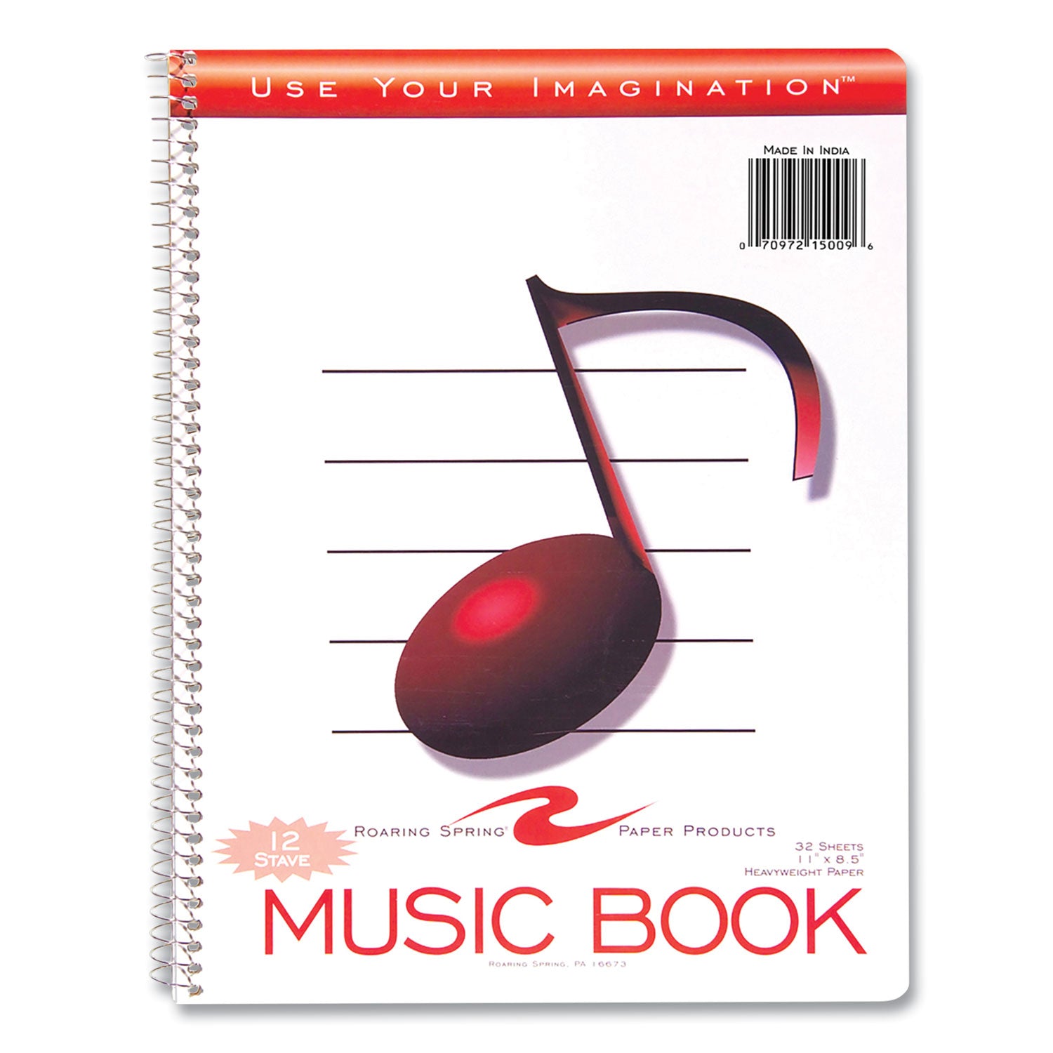 Roaring Spring Music Notebook, Music Transcription Format, White Cover, (32) 11 x 8.5 Sheets, 24/Carton (15009CS)