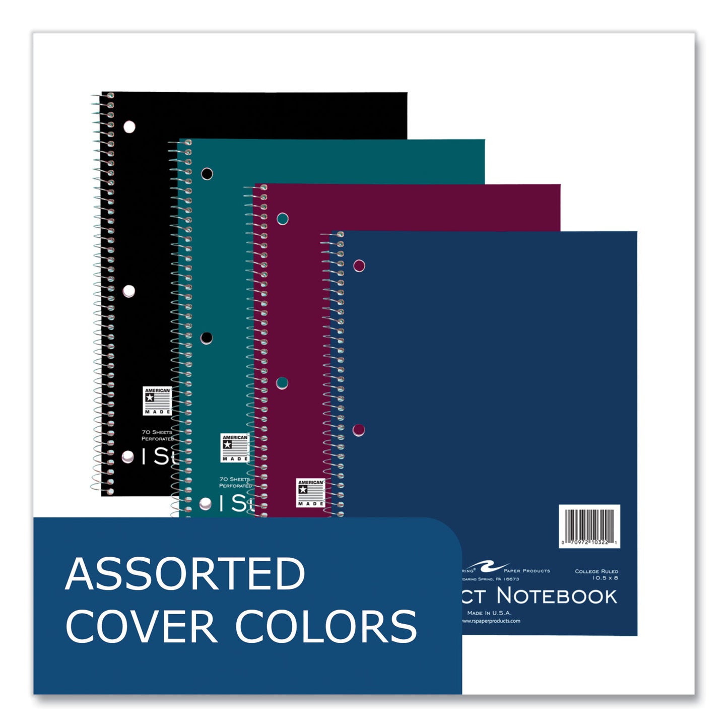 Roaring Spring Subject Wirebound Notebook, 1-Subject, Medium/College Rule, Assorted Cover, (70) 10.5 x 8 Sheets, 24/Carton (10322CS)